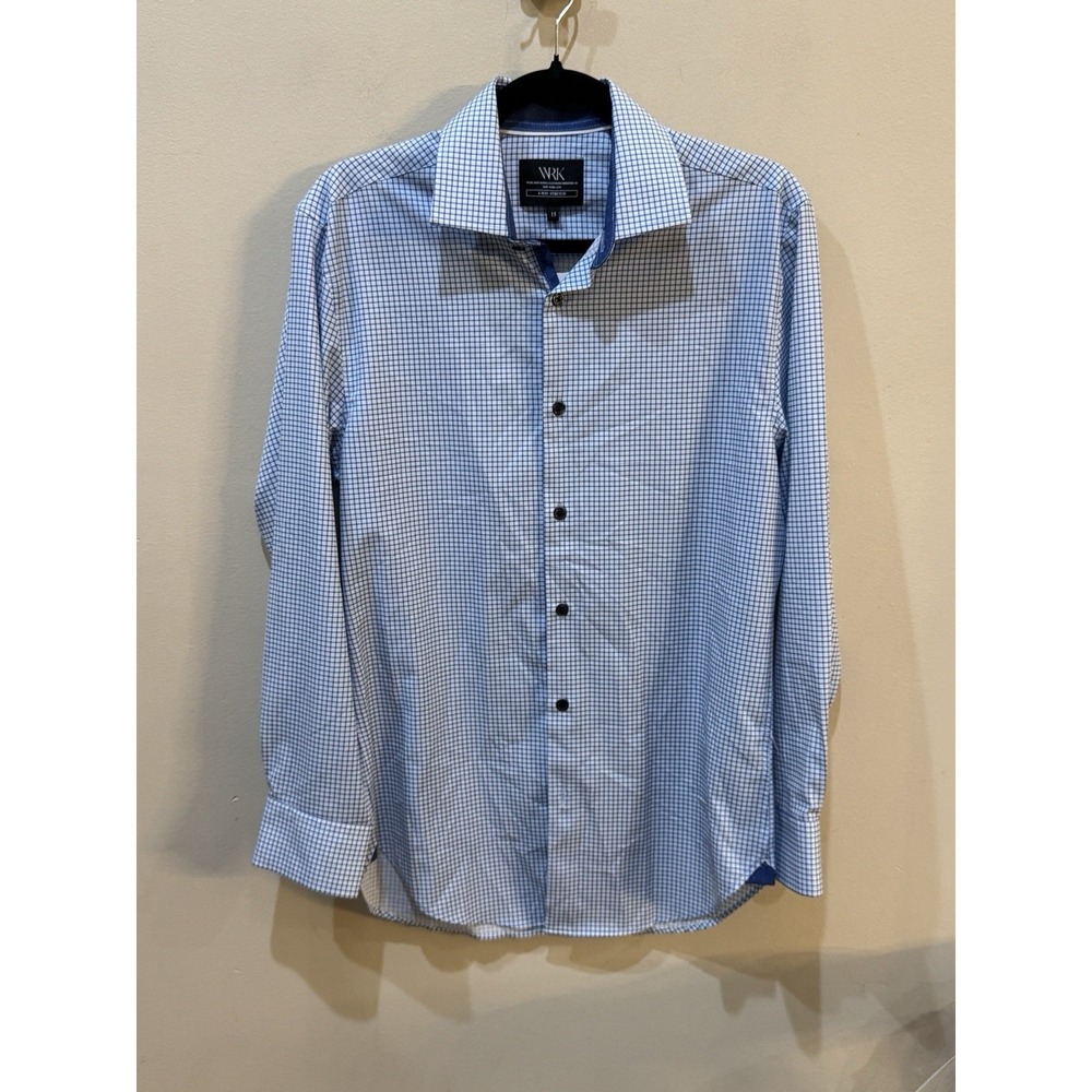 WRK Blue Grid Check Size 15 Button Down Dress Shirt 4 Way Stretch